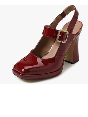 FYS Red Platform Square Toe Pumps Block High Heel Mary Janes Slingback Shoes